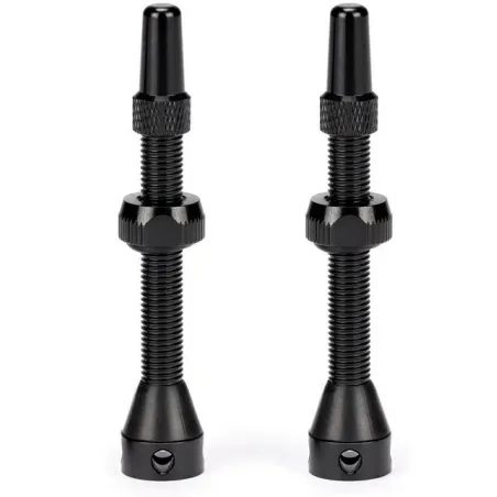 PACK 2X VALVULA ALUMINIO PRESTA TUBELESS 44MM NEGRO SALIDA FRONTAL + LATERAL